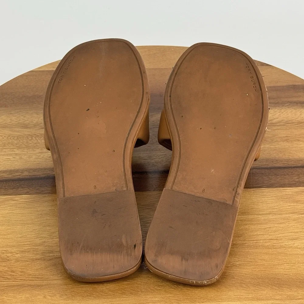 Womens Tory Burch Double T Tan Leather Slip On Flat Sport‎ Slides Sandals Size 8